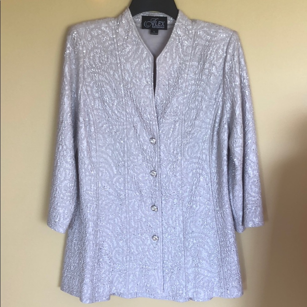 NYE Alex Evenings Designer Formal Grey Silver Rhinestone Button Jacket Blazer